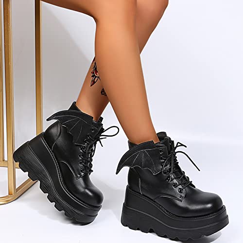 Image of Gothniero Platform Goth Ankle Boots for Womem Black Holographic Combat Chunky Heel Boots with Side Zip Lace Up Wedge Booties US5.5-11