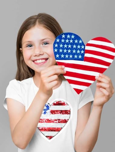 Mrocioa American Heart Flag Girls 4th of July Shirt USA Patriotic Kids Sequin T-Shirt for 2-7 Years2