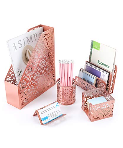 EasyPAG Desk Organizer Set 5-Piece Desk Accessories with Pencil Cup Holder, Letter Sorter, File Holder,Business Card Holder and Sticky Note Holder (Rose Gold)