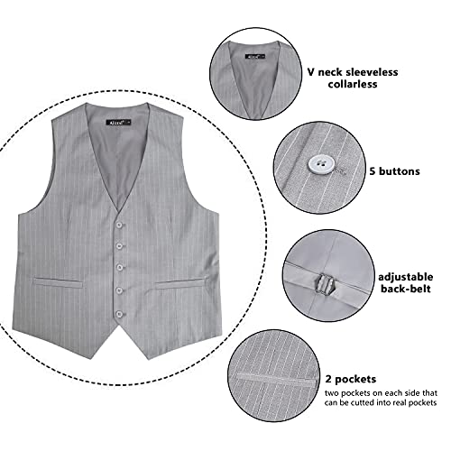 Image of Alizeal Mens Pinstripe Business Vest Formal Fit | V-Neck Bollar 5-Button Front Waistcoat for Suit Tuxedo and Formal Events