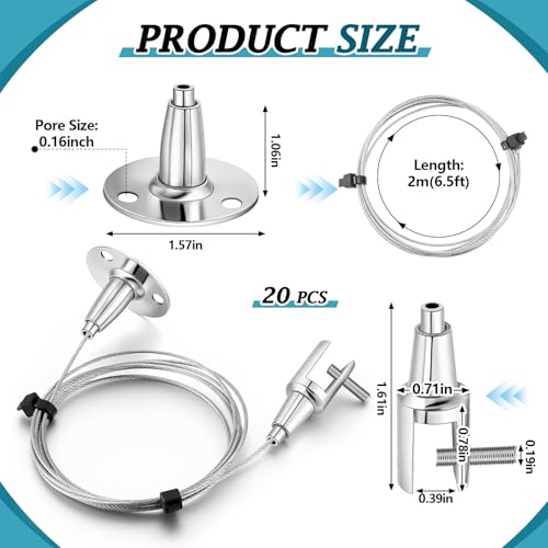 Image of Zonon 20 Pcs 6.5 ft x 1.5 mm Ceiling Sign Hanger, 66 lb Stainless Steel Picture Frame Wire Adjustable Suspension Cable Metal Clamp for Hanging Advertising Board LED Panel Light Billboards Paintings