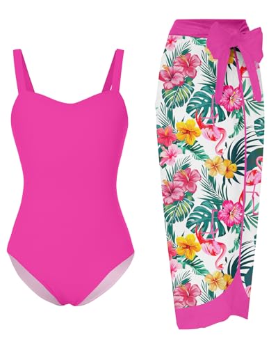 Image of UNIFACO Girls Swimsuit 5t Size 6 One Piece Pink Neon Bathing Suit with Mesh Cover Up Adjustable Straps Swimwear