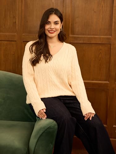 Image of CARCOS Plus Size Sweaters for Curvy Women Long Sleeve Cable V Neck Sweater Knit Pullover Preppy Style Fall Winter XL-5XL