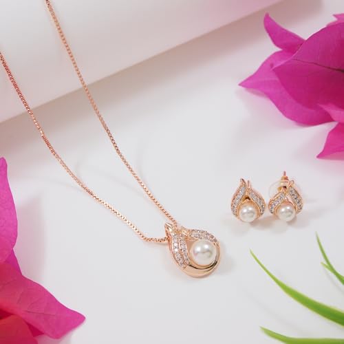 Image of I Jewels Glittering Cubic Zirconia Designer Chain Pendent Necklace With Earrings Set for Women