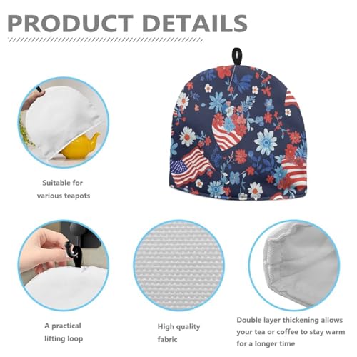 Image of Eucalyptus Flower USA Flag Teapot Cozy Tea Cozies Insulated Keep Tea Warm Teapot Dust-Proof Cover for Patriotic July 4th Independence Day Decor