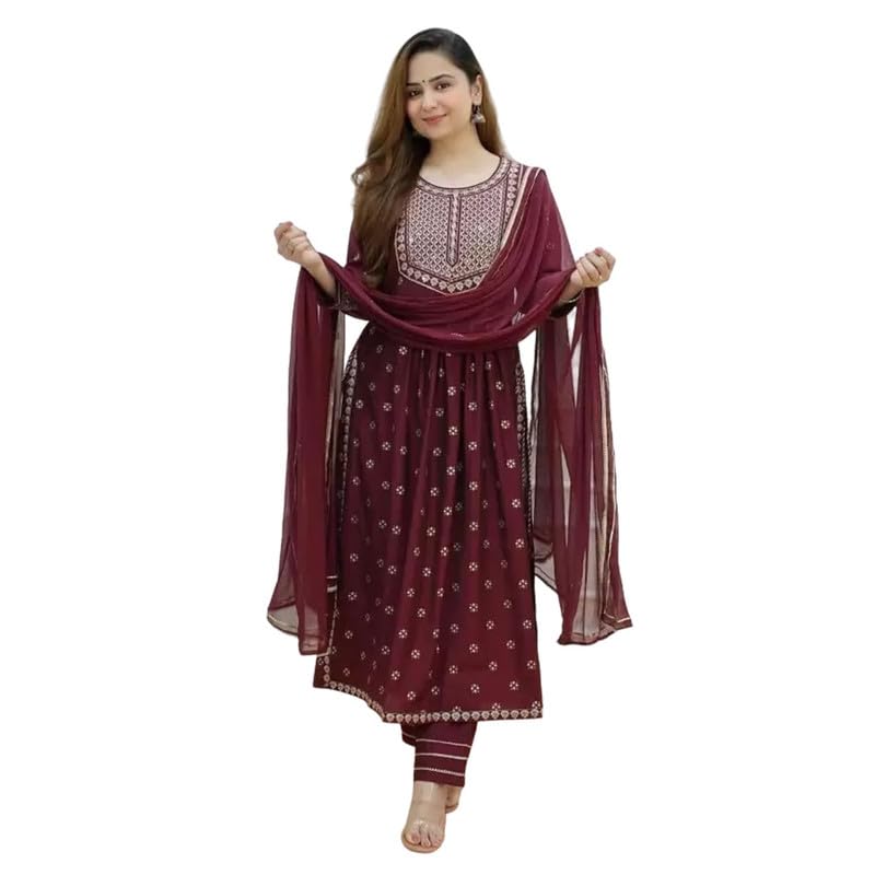 Chitra CreationNaira Cut Suit With Pant & Malmal Printed Dupatta Set for Women | Heavy Embroidery Work 3/4 Sleeves Pure Rayon Kurta For Girls Women Red XXL