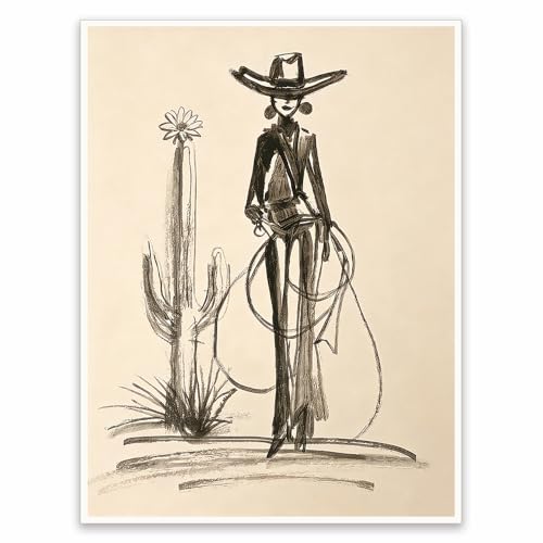 Cowgirl Desert Line Art Print, Minimal Western Rodeo Poster, Black