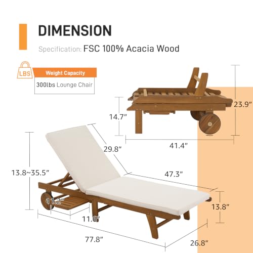 Image of Patiorama Patio Acacia Wood Chaise Lounge Set of 4, Pull-Out Table, Cream
