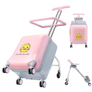 AODI Auffahrbarer Koffer für Kinder, 2-in-1 Leichtes Reisegepäck mit 360° Spinner-Rädern, Strapazierfähige Trolleytasche für Mädchen und Jungen - Maximale Tragkraft 50 kg (Rosa)