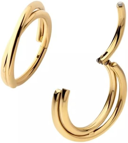 Pierced Owl 24Kt Gold PVD Titanium Double Hoop Criss Cross Hinged Segment Clicker Ring - Image 3