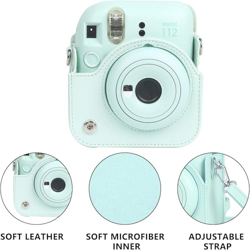 Image of Breatoi PU Leather Camera Case for Mini 12 - Rainproof, Soft, and Stylish in Mint Green with Adjustable Shoulder Strap