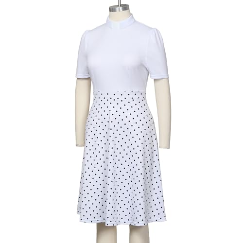 Image of CAMDOM Church Clergy Dress for Women Short Sleeve Polka Dot A Line Elegant Dress with Tab Collar