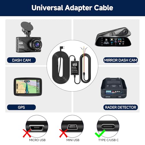 Image of Upgraded Dash Cam Hardwire Kit, 11.5ft Acc USB-C Hardwire Kit (12V-24V to 5V) with Voltage Display, Type C 3-Lead Hard Wire Kit W /Low Voltage Protection for Dashcam GPS Radar Detectors