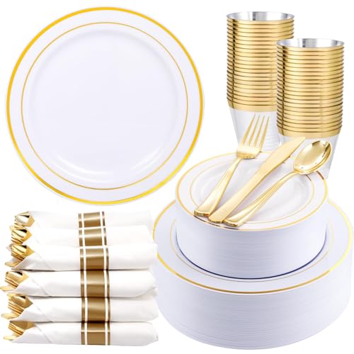 WDF Partyware 350Piece Gold Dinnerware Set for 50 Guests - Gold Plastic Plates with Disposable Cutlery Include:50Dinner Plates-50Dessert Plates-50Pre Rolled Napkins with Silverware for Valentine’s Day