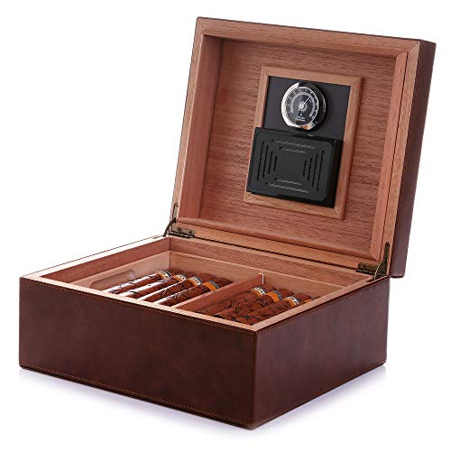BESTISAN Cigar Humidor, Handcrafted Real Solid Spanish Cedar Wood Tray and Divider, Elegant Leather Cigar Storage Box with Glass Hygrometer and Rectangle Humidifier, Holds 50-100 Cigars, Men's Gift
