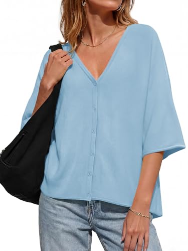 Image of Saodimallsu Womens V Neck Half Sleeve Cardigan Sweaters Summer Knit Tops | Oversized Fit, Button Down, Batwing Sleeve, Soft Lightweight Knitted Fabric, Trendy Casual Style, Summer Fall Outfits