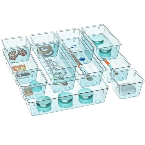 Image of WOWBOX 12 Pack Clear Drawer Organizer Set, Acrylic Drawer Storage Trays, Storage Bins for Makeup, Cosmetics, Jewelries, Utensils, Gadgets, Office, Sea Blue