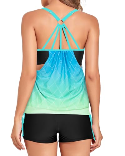 Image of Holipick Blouson Tankini Swimsuits for Women - Two Piece Tummy Control Bathing Suit with Shorts Modest Swimwear
