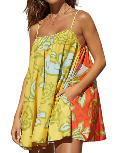 Image of NUFIWI Women Boho Graffiti Cami Mini Dress Spaghetti Strap Printed A Line Short Dress Backless Cut Out Colorful Sundress
