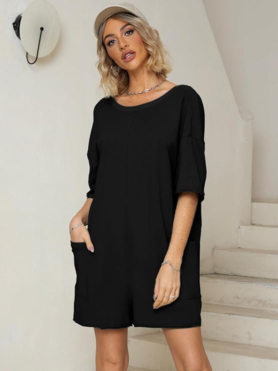 Mono para mujer de una pieza casual holgado y playsuit corto de cuello redondo con bolsillos 4
