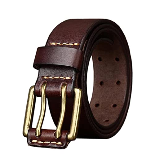 Mens Double Prong Leather Belt Solid Brass Buckle Casual Work Waistband for Jeans Pants