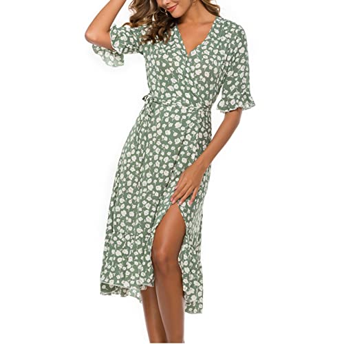 AMhomely Womens Short Puff Sleeve Square Neck Floral Midi Dresses Flared Flowy Chiffon Maxi Dress Summer Beach Holiday Sundress Green - Image 4