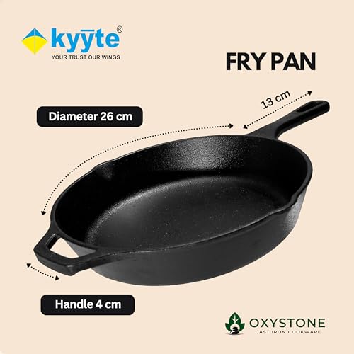 Image of kyyte OxyStone Pre-Seasoned Cast Iron Frying Pan 10 Inch (26 cm) Dia,Pasta,Saute Pan,Shallow Frying,Naturally Nonstick Cast Iron,100% Pure and Toxin-Free,No Chemical Coating,Gas,Induction,OTG Friendly
