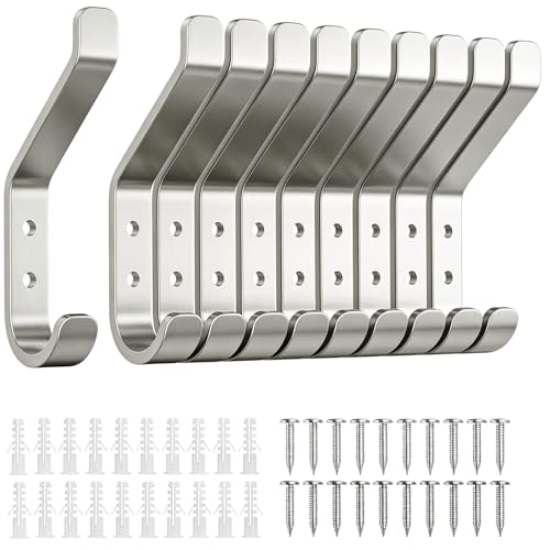 susswiff 10-Stück Garderobenhaken Kleiderhaken zum Schrauben Haken für Akustikpaneele Schlafzimmer Wohnzimmer Badezimmer Wandhaken für Garderobe Jacken Hut Metall Gebürstetes Silber 10CM