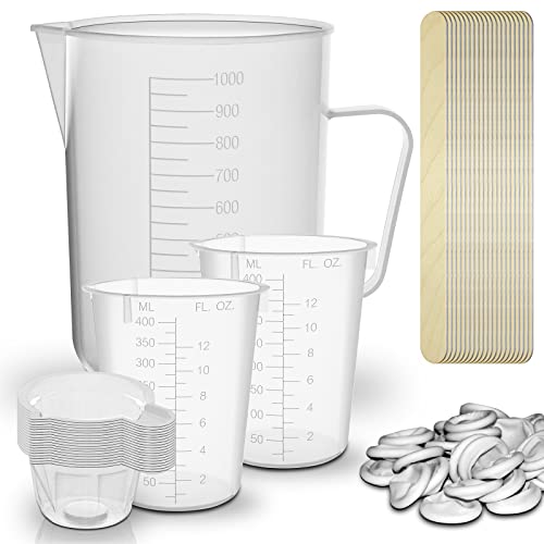 RE-GEN 63pc Mixing Measuring Kit - Includes 40ml Cups, 400ml Pot, 1Ltr Jug, Mixing Stick, Finger Cots | Ideal for Dispensing, Pouring, Paint, Epoxy Resin, Oils, Liquids, DIY, Arts & Crafts, Lab