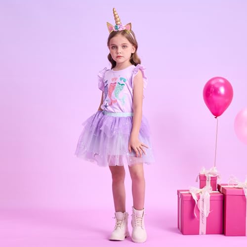 Image of VIKITA Girls Summer Skirt Sets Ruffle Tulle Sleeves T-Shirt Tutu Skirt Birthday Party Outfit 3-12 Years