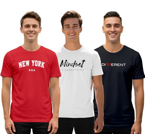 XENOVAURBAN Men's Printed T-Shirt Combo Pack of 3 | Regular Fit Cotton Tshirts for Man - RNM3-NEW-RED-MIN-WHT-DIFF-BLK-2XL