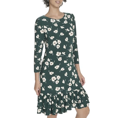 Image of Tommy Hilfiger Women's 3 /4 Sleeve Crew Neck Double Ruffle Hem Jersey Shift Mini Dress
