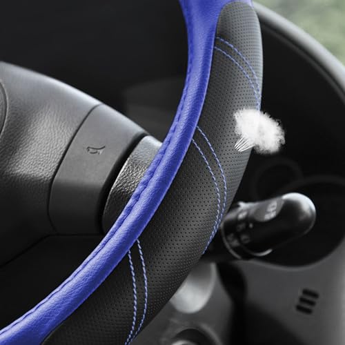 Image of Elantrip Steering Wheel Cover Leather 14 1 /2 to 15 inch Universal Padded Soft Grip Breathable for Car Truck SUV Jeep Anti Slip Blue and Black