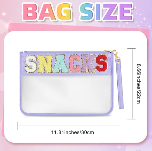 Morcheiong Chenille Letter Bag Cute Clear Zipper Stuff Pouch Portable Multi-purpose PVC and Nylon Makeup Bag with Handle for Travel Gym Beach（Purple Snacks）2