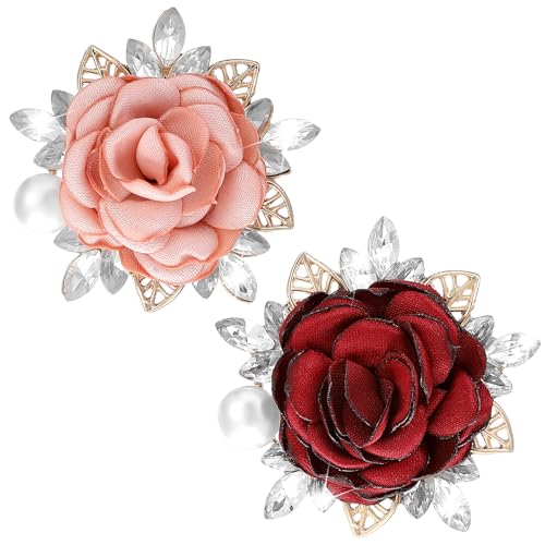 Image of Oruola 2pcs Handmade Satin Fabric Flower, Elegant Red and Pink Rose Brooches and Pins for Women Crystal Pearl Pins Boutonniere for Clothes Fashion Accessories