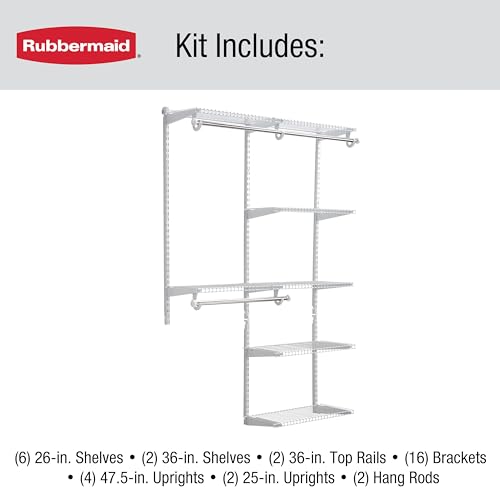 Rubbermaid Configurations Deluxe Custom Closet Kit 4-8Ft. Adjustable Metal Wire Shelving White Finish Expandable Organization System Hardware Included for Home Closet/Pantry/Laundry/Mudroom