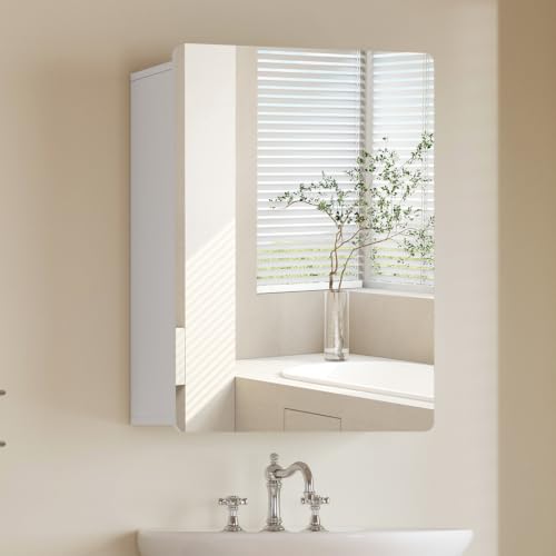 Image of TEENFON Medicine Cabinet Mirror with 2 Adjustable Shelves, Bathroom Mirror with Storage, Recessed or Wall Mount Bathroom Cabinet, Wood Bathroom Wall Cabinet, White, 23.6'' x 17.7''