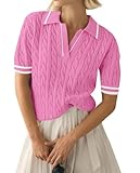 LACOZY Polo d'été à manches courtes et col en V pour femme - Décontracté et léger - Tricot côtelé, rose, XXL