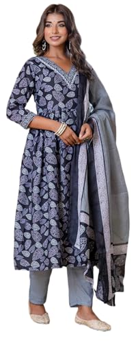 Lookmark Women's Printed Cotton Blend Lace A-Line Kurta Pant Dupatta Set - Ethnic Elegance For Every Occasion! Experience Comfort And Style With This Stunning Ensemble (Az-Lm-P1-Ks2122-Xxl) Black