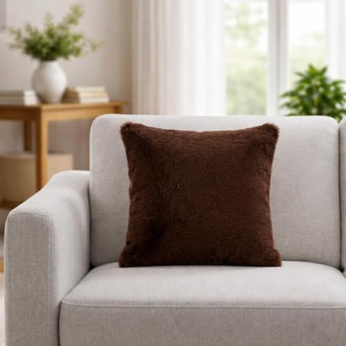 Image of Premium Faux Rabbit Fur Cushion Cover 16X16 Inch - Set of 2 | Soft Plush Decorative Square Throw Pillow Covers with Velvet Back, Washable Cushion Covers for Sofa, Couch & Bed - [Brown]