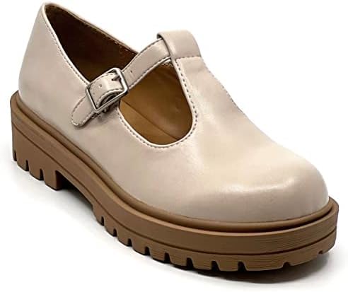 Soda Women's Mary Jane Shoes Oxford Dress Shoes Round Toe T-Strap Platform Chunky Heel Pumps Shoes-Tangia Bone Pu 9