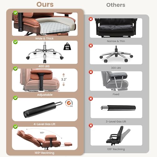 Big and Tall Office Chair - 400 LBS Capacity Executive Chair with High Back & Footrest, Ergonomic Office Chair for Heavy People, Wide Padded Seat Computer Gaming Chair, Brown