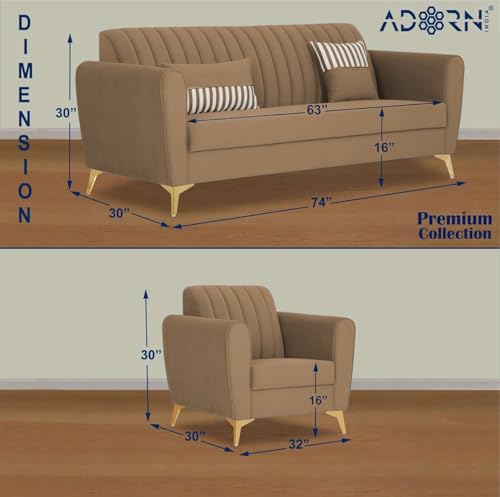 Image of Adorn India Premium Luster 3-1-1 Sofa Set | Velvet Suede Fabric | 3-Year Warranty | Color Camel with Golden Legs & Striped Pattern Cushion