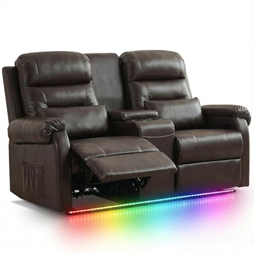 Image of RV Loveseat Recliner with Console, Reclining Loveseat Sofa, Manual Home Theater Seating with Pockets /Cup Holders for Living Room /RV Furniture (Chocolate Pu + LED)