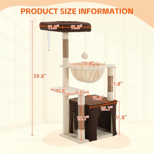 Cat Tree for Indoor Cats, 39.8-inch Cat Tower with 2 Plush Perches for Play & Rest, 1 Cozy Hideaway, Dangling Toy & Full Sisal Scratching Posts for Indoor Cats, Brown - Image 4
