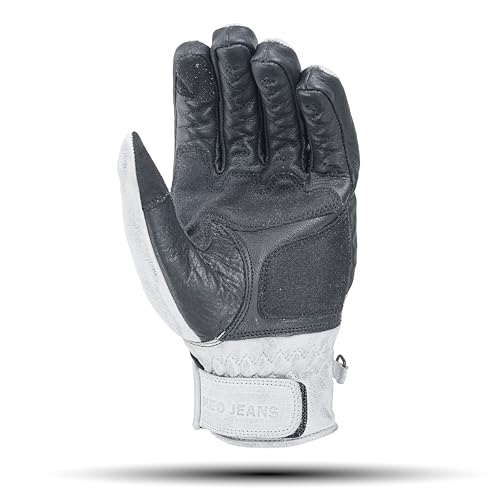 Neo Jeans Leather Motorcycle Gloves for Men with Soft Polyester Lining Bike Riding Gloves with Grip Patches on Palm and Accordion Panels on Fingers and Cuff, Diamond Hand White and Black, Small