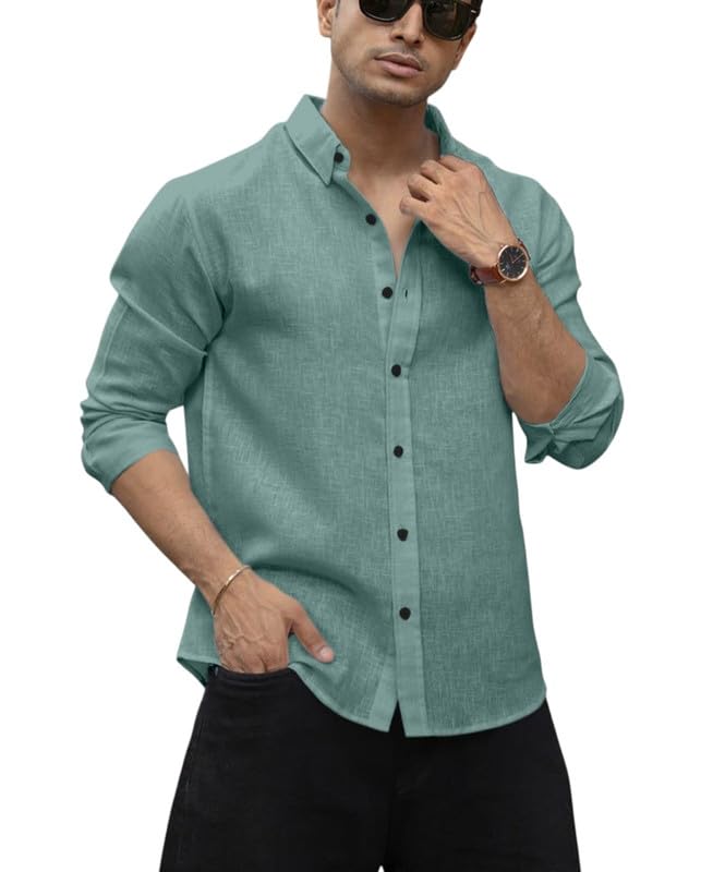 Image of Men's Solid Linen Cotton Shirt Casual Plain Full Sleeve Summer-Regular Fit Men Stylish Shirt DARK-LINEN-01