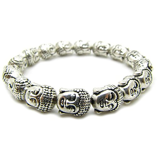 Preisvergleich Produktbild Retro-Perlenarmband, silberfarbener Buddhakopf, handgefertigt, 10 mm