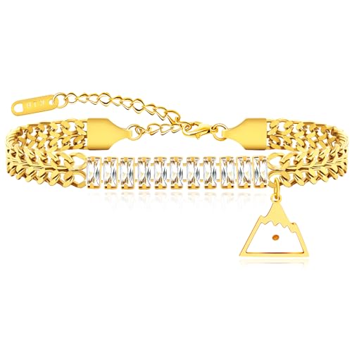 Image of Ladies Gold Double Cuban Chain, Tennis Zircon Charm Mountain /Round Mustard Seed Pendant Bracelet for Women Mom Religion Faith Jewelry