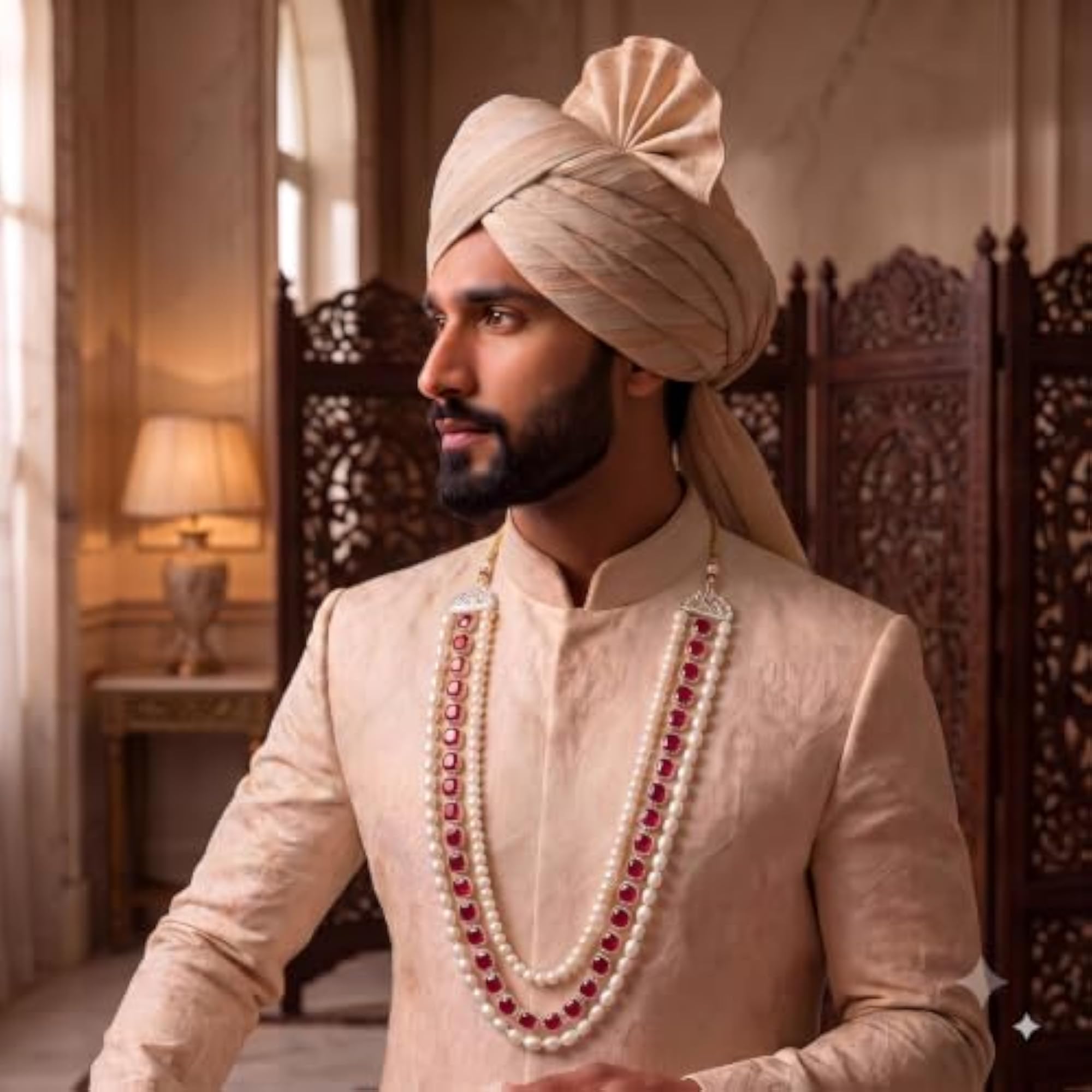 Men's 3-Layered Gold-Plated Kundan & Pearl Dulha Mala for Sherwani
